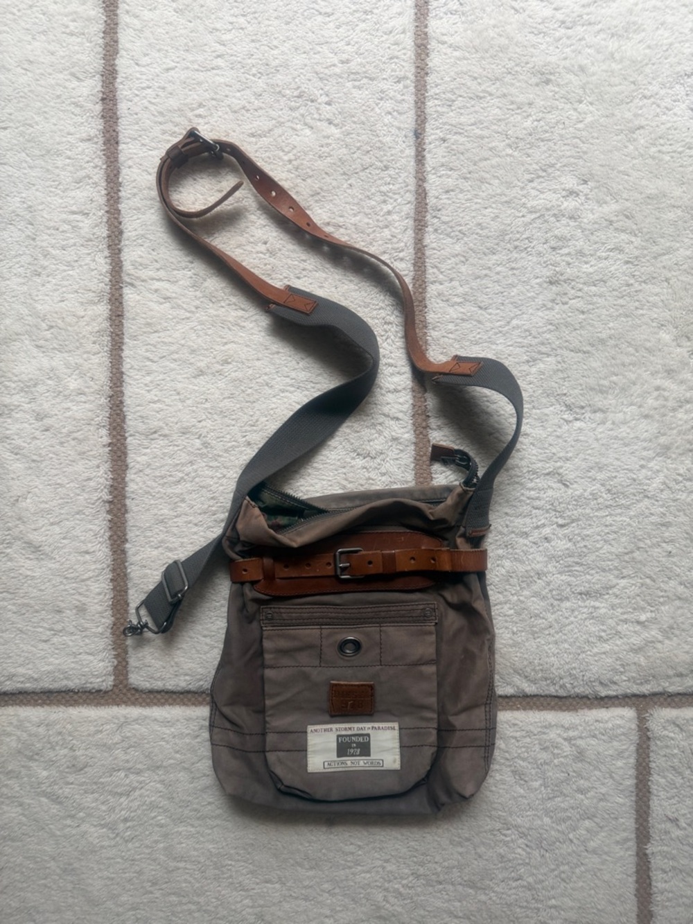 Diesel Men's Olive Brown Canvas Messenger Bag with Leather Trim